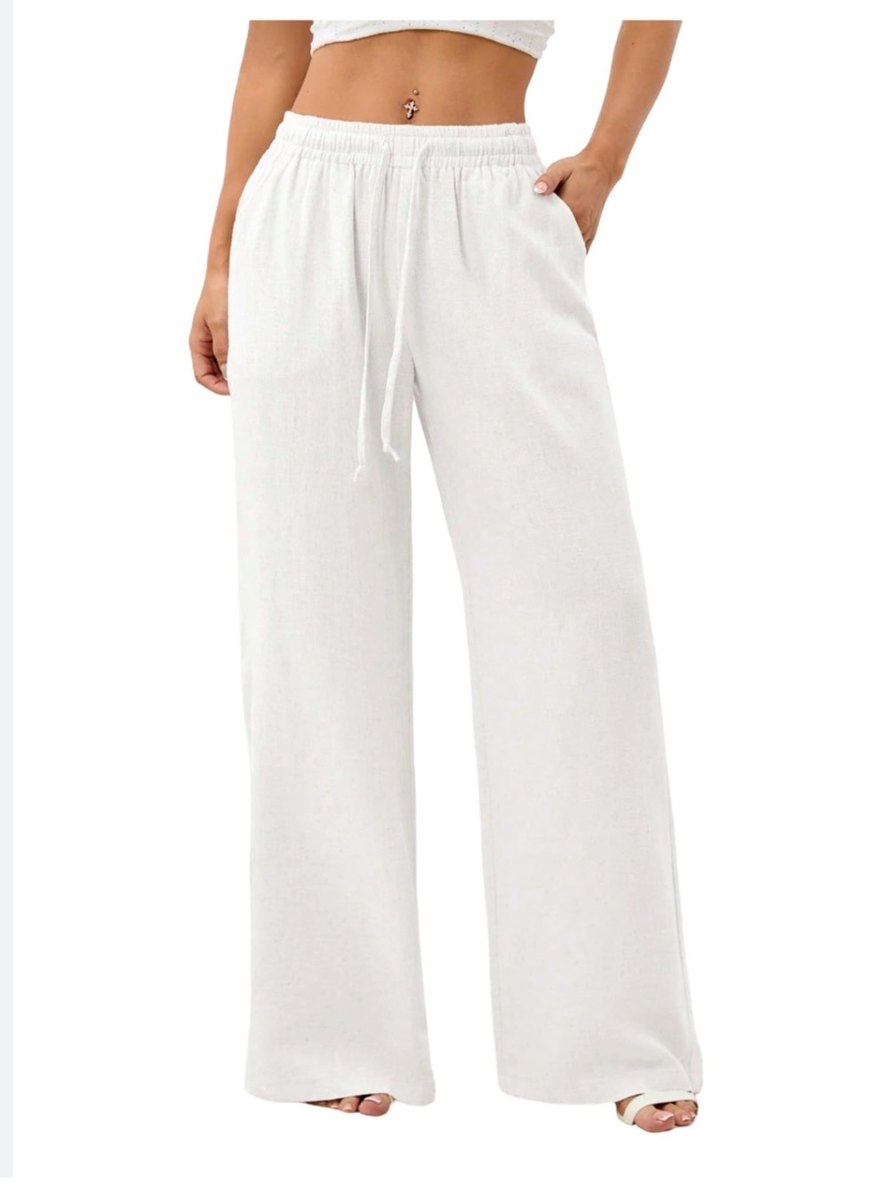 Love Tree White Wide-Leg Drawstring Linen Pants